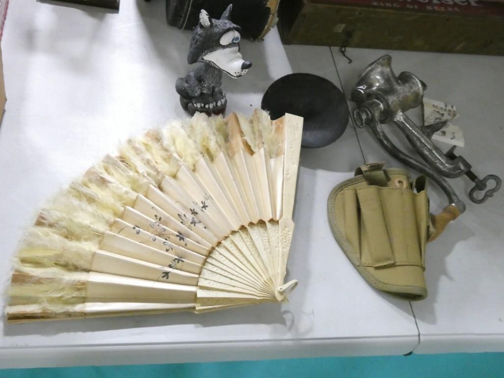 Misc. Lot including Asian Style Fan, Meat Grinder, Michigan Wolf Bobble Head (1 of 7)
