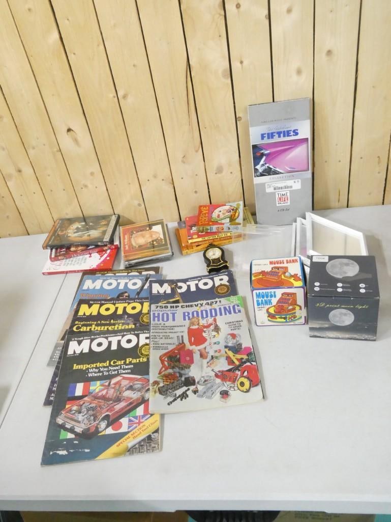 Misc. Lot including Mouse Bank, Moon Light, Hot Rodding Magazine, Vintage Books, DVSs, Wind Up Clock (1 of 10)