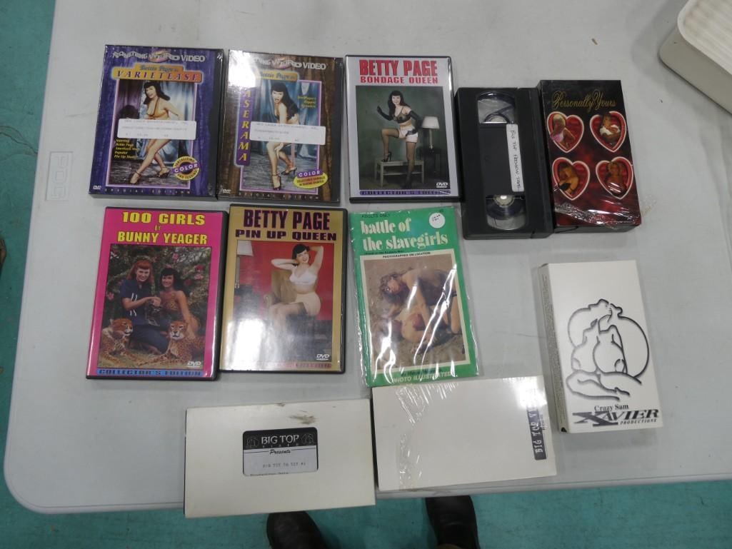 Adult Video, etc. Lot including Betty Page DVD Videos, some VHS, battle of the Slavegirls Magazine (1 of 12)