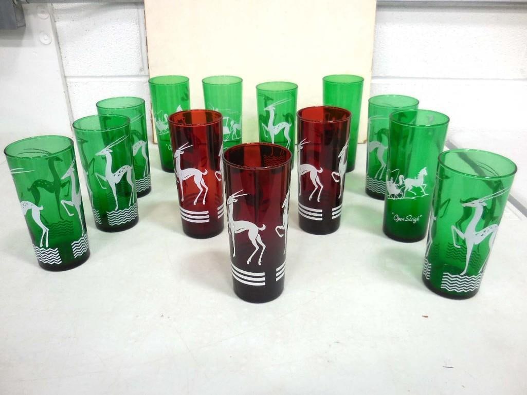 MCM Tumblers incl 3 Ruby Red Hazel Atlas Gazelle Tumblers, 6 Green Anchor Hocking Gazelle Tumblers, (1 of 3)
