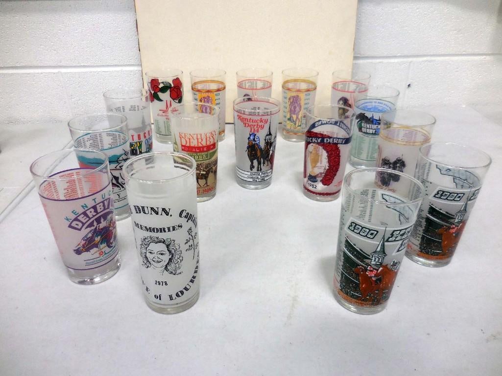 Lot of Frosted Glass Tumblers Mostly Kentucky Derby Drinking Glasses: Lot of Frosted Glass Tumblers Mostly Kentucky Derby Drinking Glasses