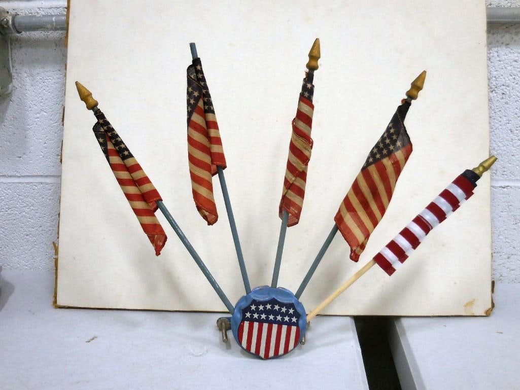 Antique Dettra License Plate Flag Holder w/ 4 48 Star Flags and 1 Current (1 of 6)