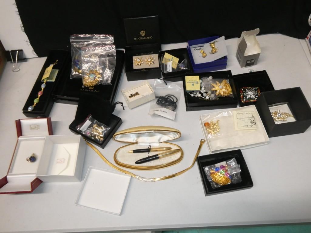 Lot of Costume Jewelry incl RJ Graziano, Bavarian, Rhinestone, etc: Lot of Costume Jewelry incl RJ Graziano, Bavarian, Rhinestone, etc . Also includes a pen set (untested).