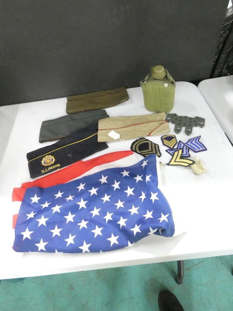 Military / American Legion Hats, Canteen, US Flag, etc.: Military / American Legion Hats, Canteen, US Flag, etc.