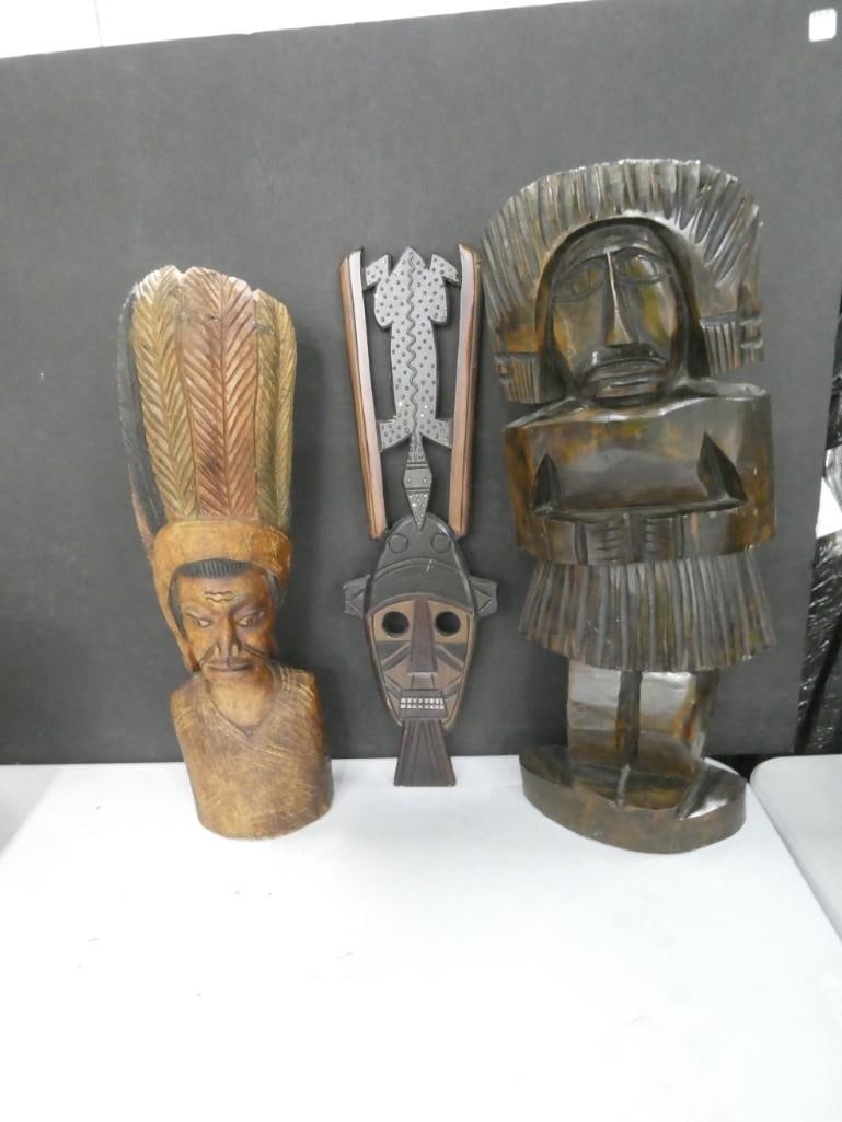 Lot of 3 Carved Wood People / Masks including One from The Dominican Republic: Lot of 3 Carved Wood People / Masks including One from The Dominican Republic - tallest one is roughly 26"