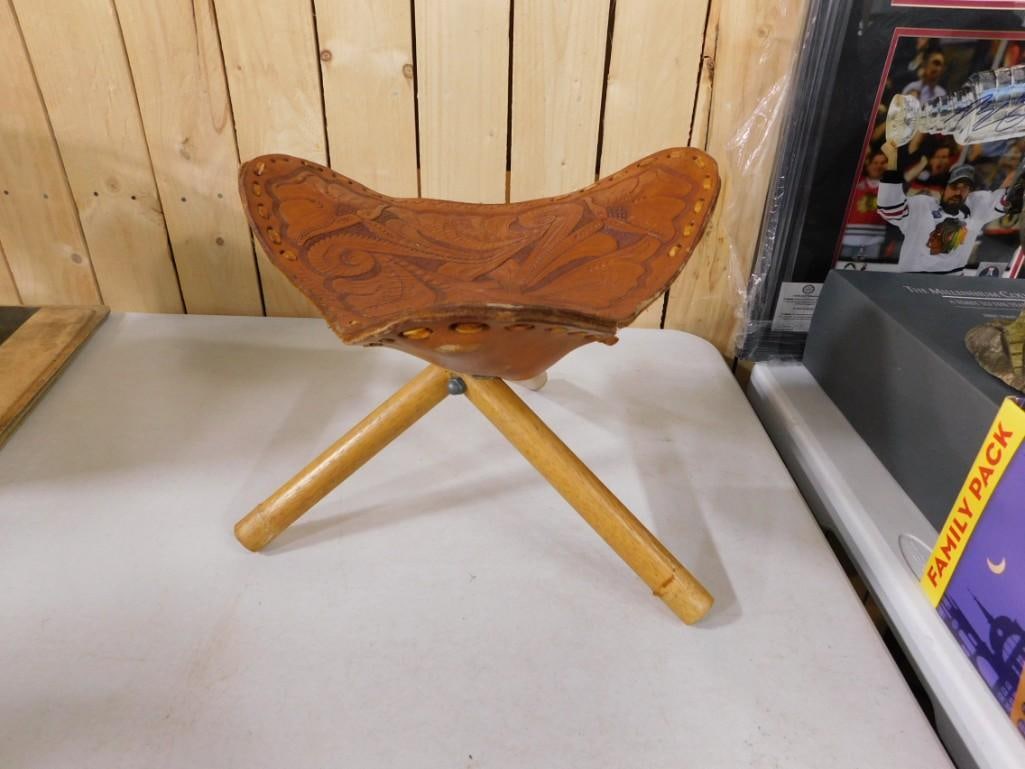Tooled Leather Stool with Tripod Legs (1 of 4)