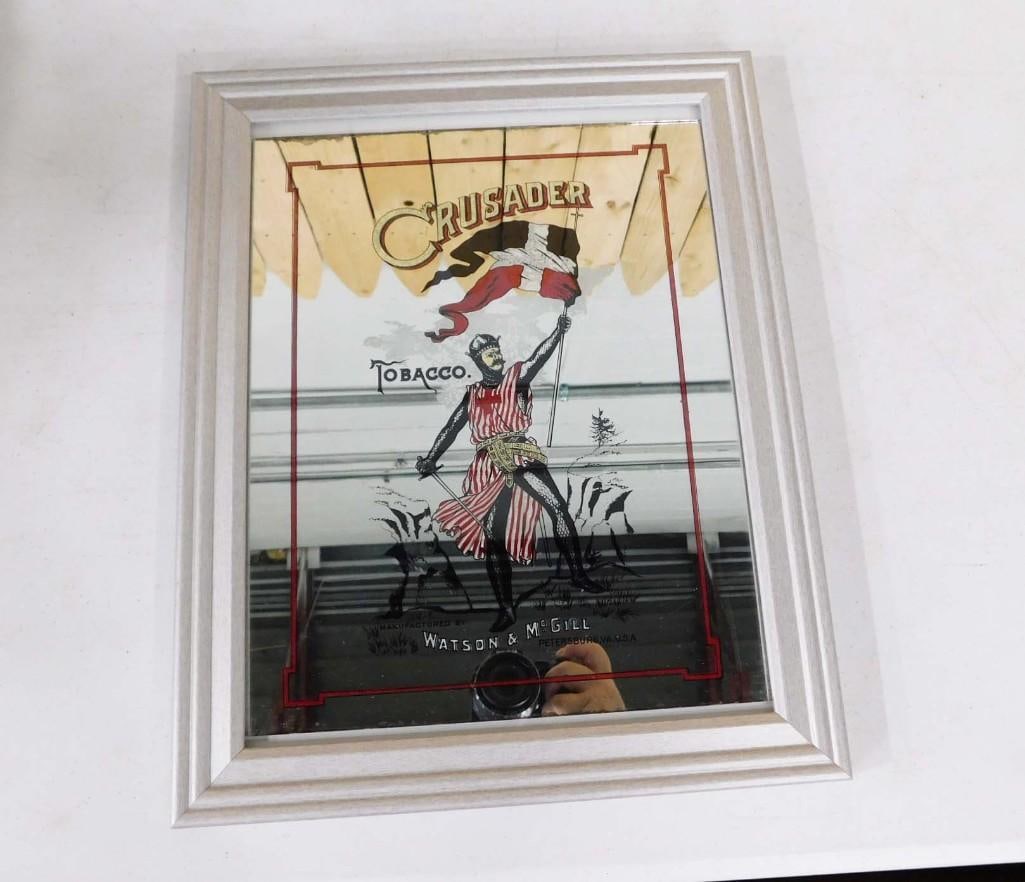 Antique Reverse Painted Glass Crusader Tobacco Advertising Mirror 12" x 15" (1 of 3)