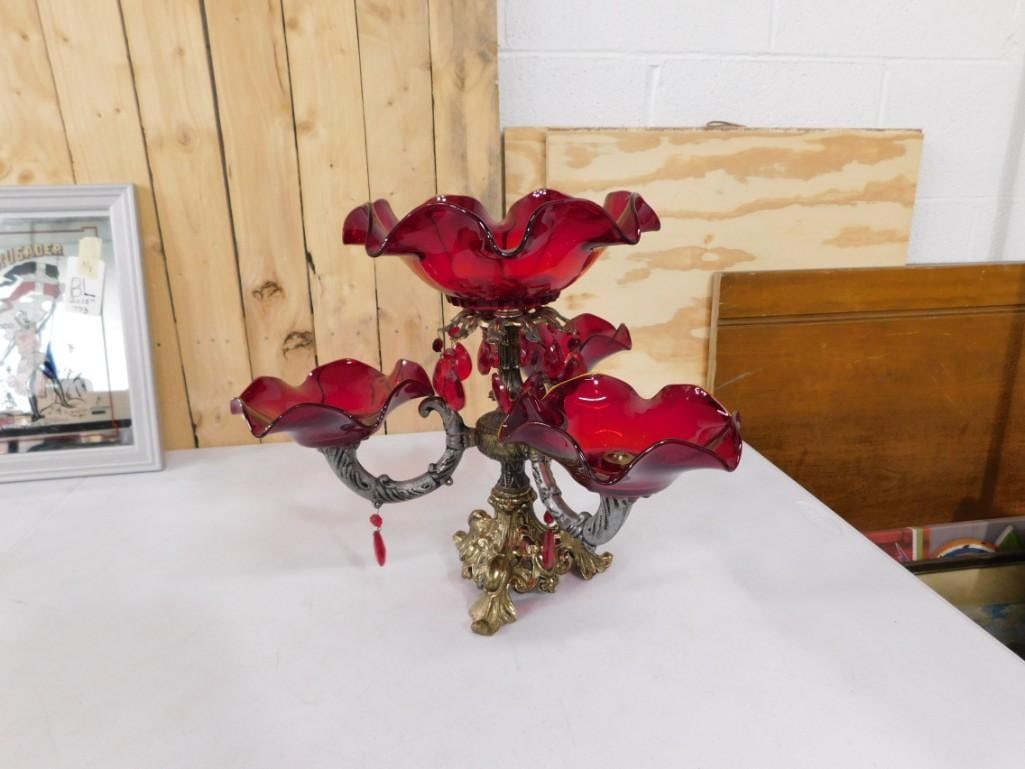 Ruby Red Glass Multi Tier Candy Dish with Ornate Metal Base (1 of 7)