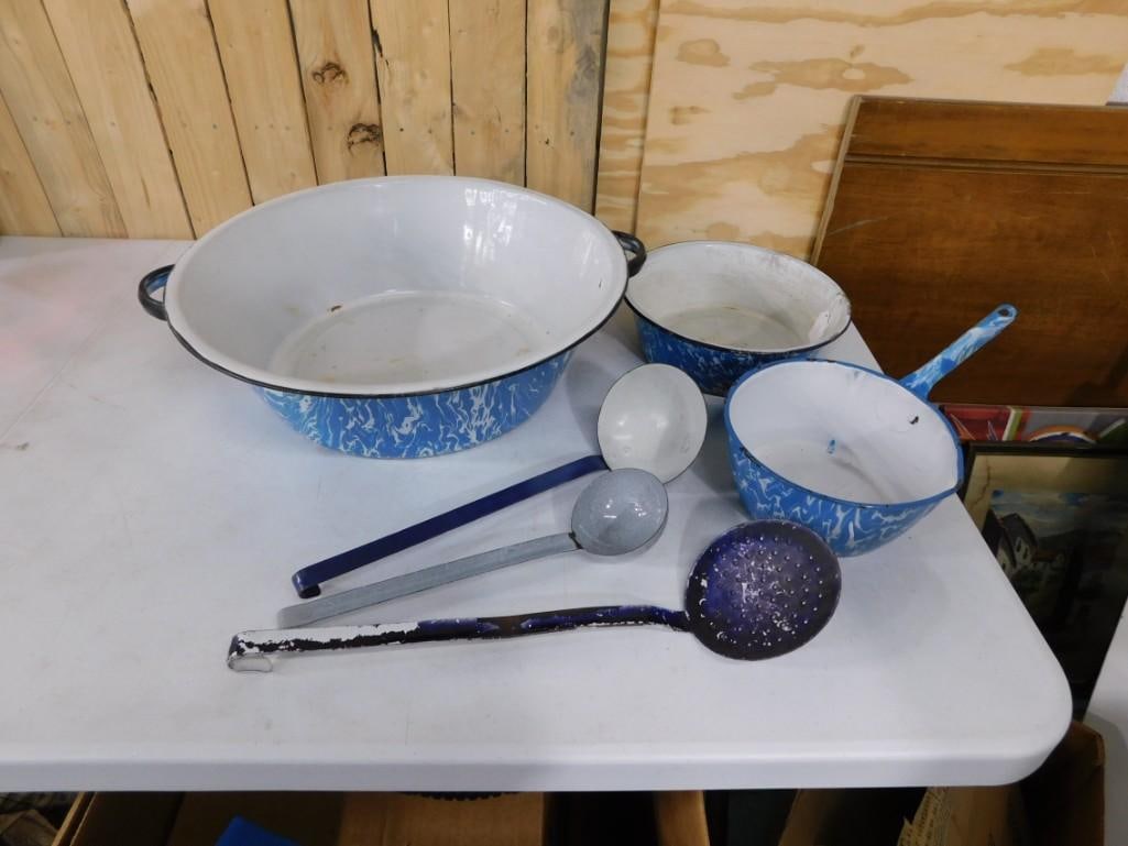 Vintage Blue and White Swirl Enamelware Pots and Pans plus Enamelware Dippers, Etc (1 of 7)