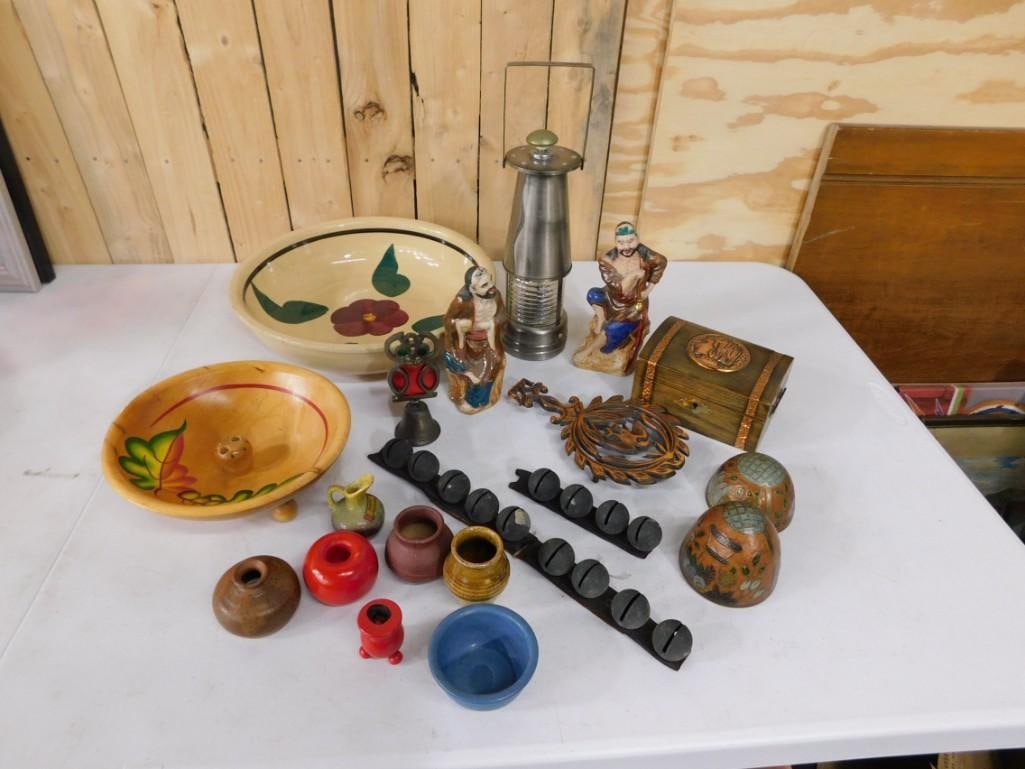 Vintage and Collectibles incl Small Pottery Vases, Watt Pottery Rio Rose Bowl, Hand Painted Wood Nut (1 of 5)