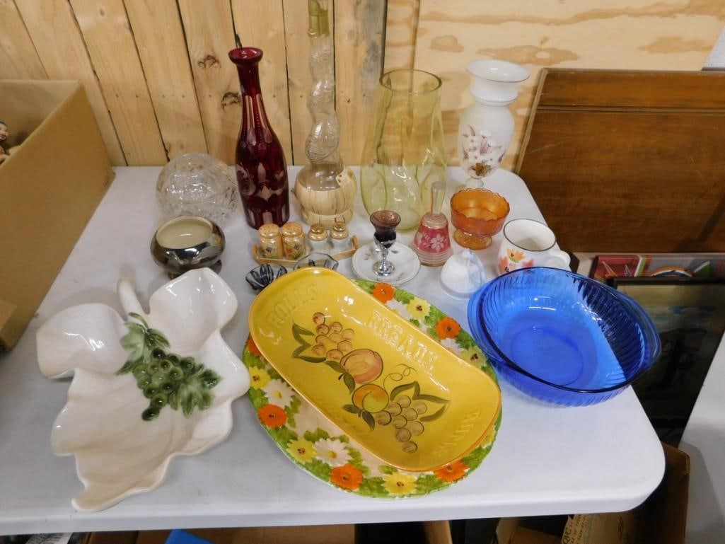 Ruby Red Cut to Clear Glass Bottle Vase, Carnival Glass Sherbet, Cut to Clear Glass Bell, Yellow Art (1 of 8)