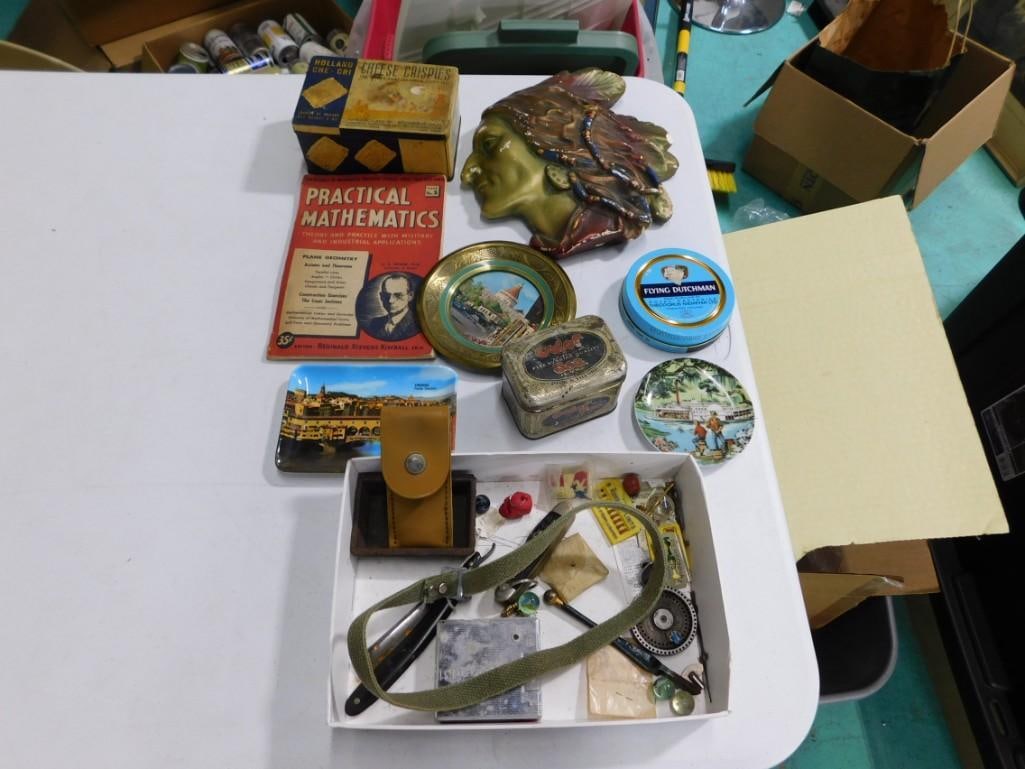 Lot of Smalls incl Vintage Tins, Chalkware Native American Wall Plaque, Straight Razor, etc (1 of 3)