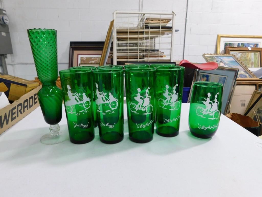 MCM Green Tumblers incl 4 Anchor Hocking Gas Buggy, 5 Anchor Hocking A Bicycle for Two, plus a Green (1 of 4)