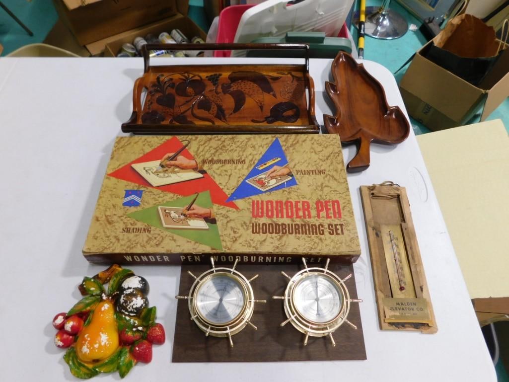Vintage Lot incl Wonder Pen Woodburning Set, Wood Tray, Wood Leaf Dish, etc (1 of 5)