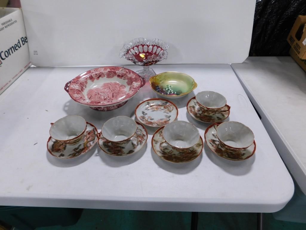 Red Cut to Clear Glass Footed Candy Dish with Ruffled Edge, Asst China incl Epoch Wood's English Sce (1 of 7)