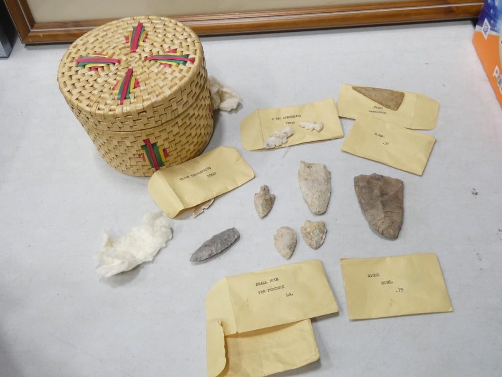 Native American Arrowheads and a Basket: Native American Arrowheads and a Basket