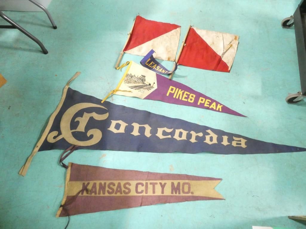 Vintage Pennants and Flags incl 2 US Army Signal Corps, 64" Concordia, Pikes Peak, Kansas City Mo, (1 of 5)