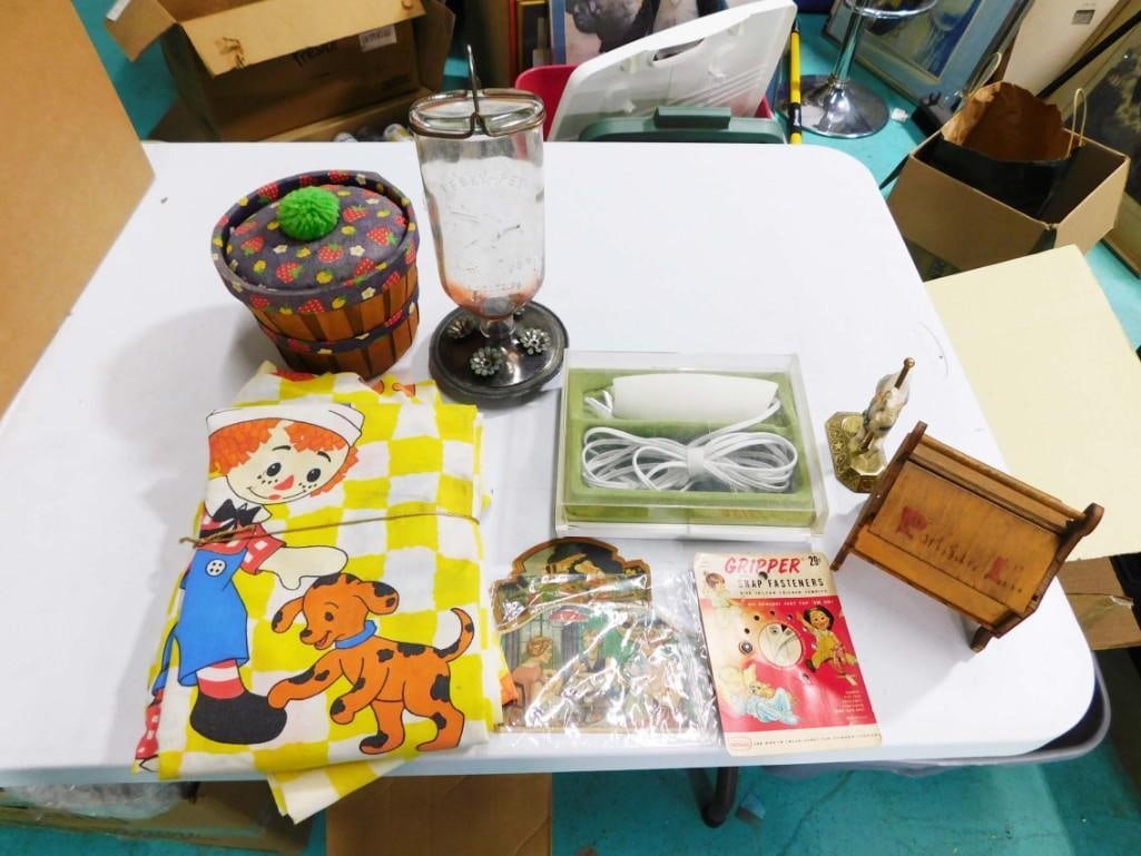 Collectibles incl Sewing box, Raggedy Ann and Andy Sheets, Glass Hummingbird Feeder, Trinket box, et: Collectibles incl Sewing box, Raggedy Ann and Andy Sheets, Glass Hummingbird Feeder, Trinket box, etc