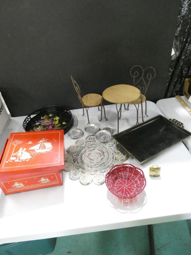 Kyes Moire Tray, Wire & Wood Doll Furniture, Tole Painted Train, Trivet, Advertising Ashtrays: MCM Kyes Moire Tray, Wire and Wood Doll Furniture, Tole Painted Train, Trivet, Advertising Ashtrays, Red Tin Box