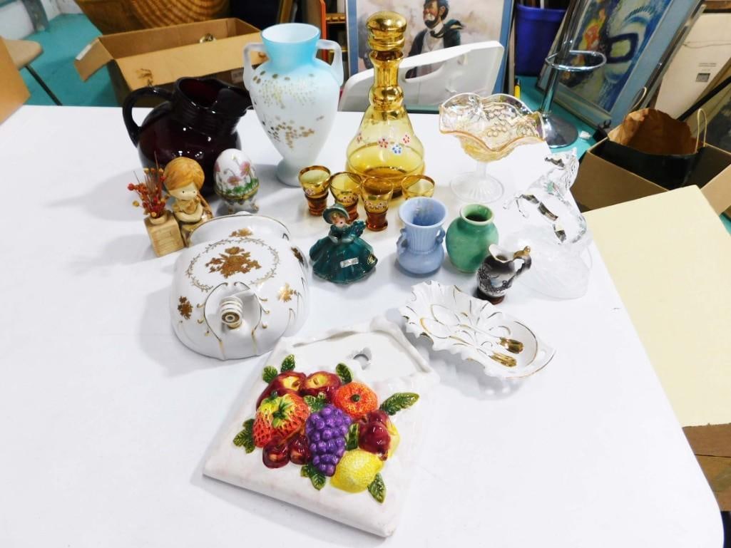 Glassware, Pottery, Ceramics, Etc incl Amber Glass Decanter w 4 Shot Glasses, Ruby Red Pitcher (1 of 5)