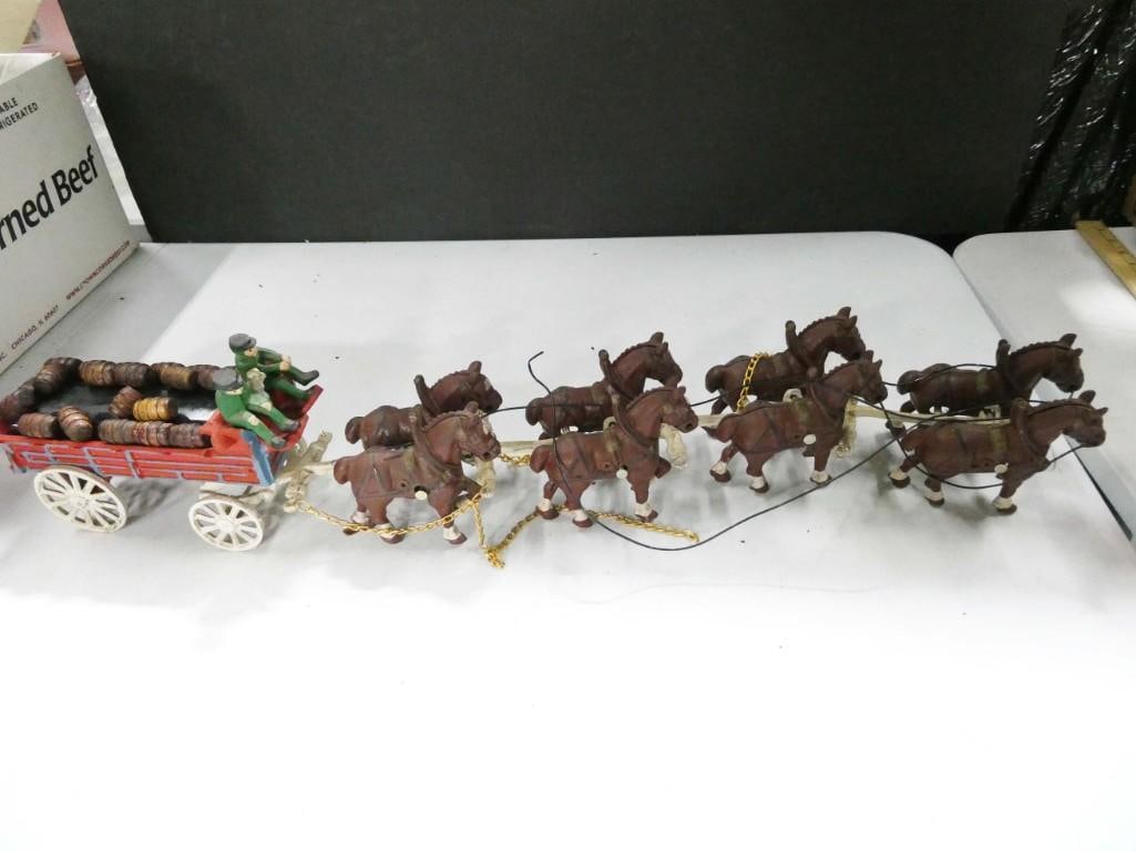 Cast Iron Toy Beer Wagon with 2 People, a Dog, 8 Horses, and Some Wood Barrels (1 of 7)