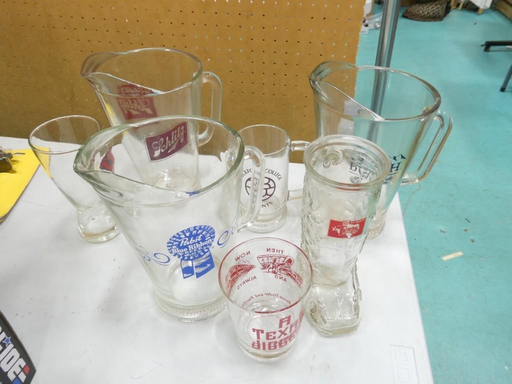 Lot of Beer Pitchers and Glasses incl Schlitz, PBR, Busch, Billy Bob's, Stroh's, etc: Lot of Beer Pitchers and Glasses incl Schlitz, PBR, Busch, Billy Bob's, Stroh's, etc . All glass.