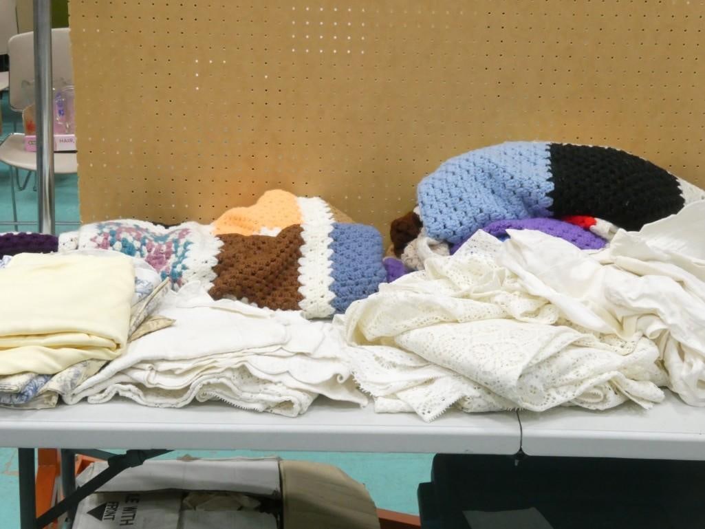 Vintage Linens incl Lace Tablecloths, Crocheted Throw Blankets, etc (1 of 7)