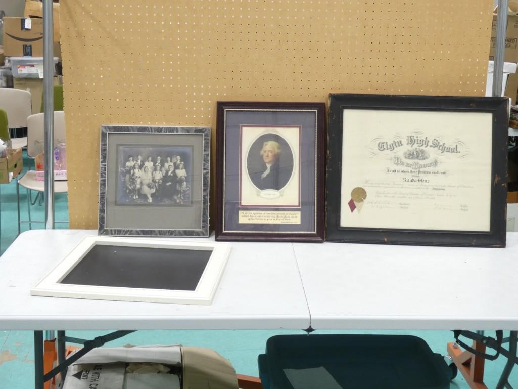 Framed Lot incl 1908 Elgin HS Diploma, Vintage Photo of People, Print of Thomas Jefferson (1 of 9)