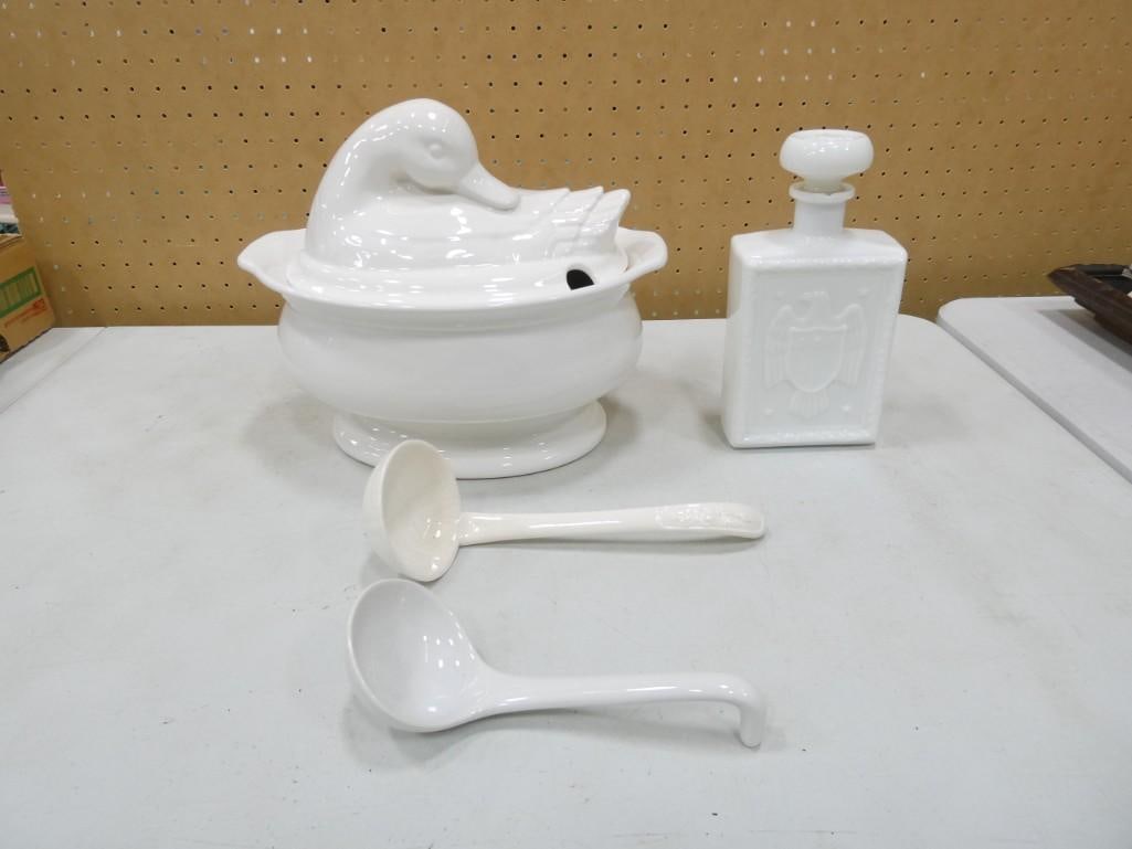 Duck Soup Tureen with 2 Ladles and a White Decanter: Duck Soup Tureen with 2 Ladles and a White Decanter