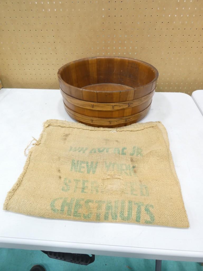 Wooden Washtub and a Vintage Burlap Sack: Wooden Washtub and a Vintage Burlap Sack Condition: sack has some holes and wear. Please zoom in on the pictures