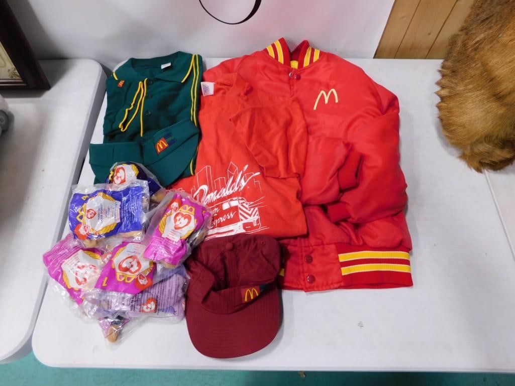 McDonald's Lot including Jacket, Uniform Hats, Shirt, Beanie Babies in packages (1 of 6)