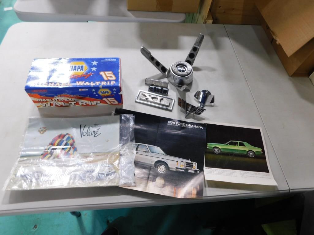 Misc Car Lot including Ford Mustang Steering Wheel Part, Emblems, Brochures, Waltrip Car, etc. (1 of 3)