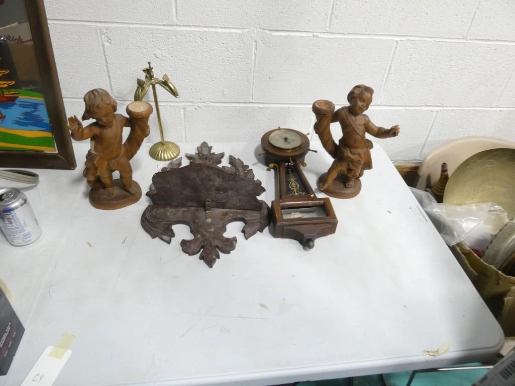Misc wooden lot including Cupids, Weather Station, Shelf, etc. (1 of 12)