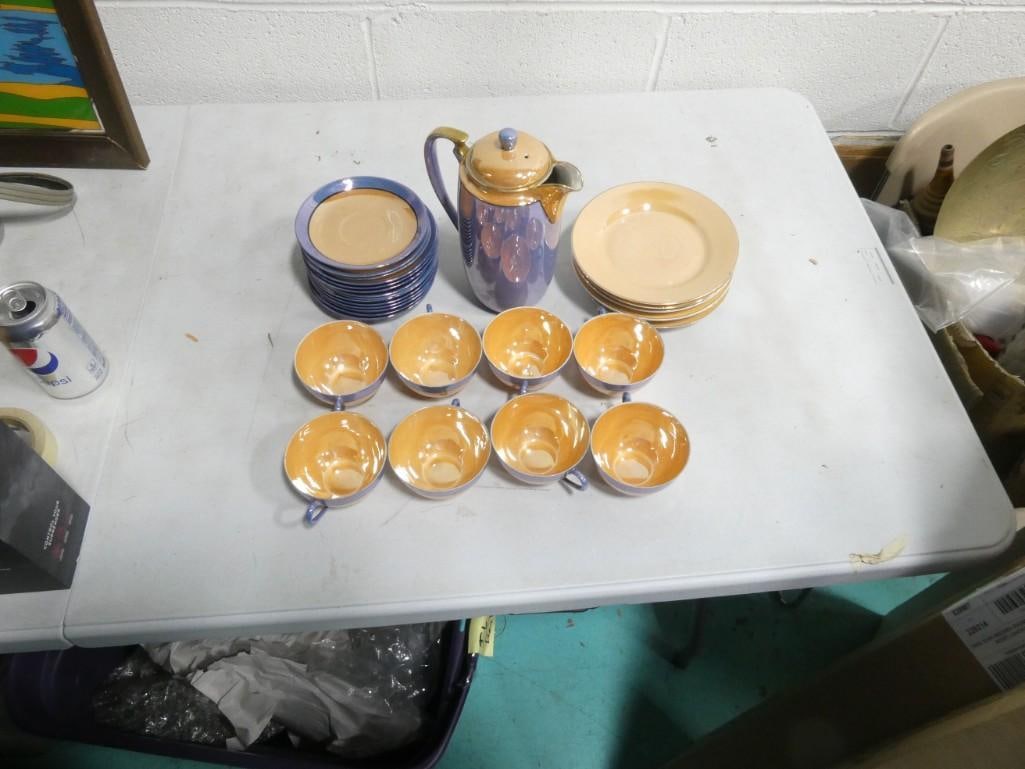 Meito China Blue Peach Lusterware Teacups, Pitcher, Plates, etc. (1 of 8)