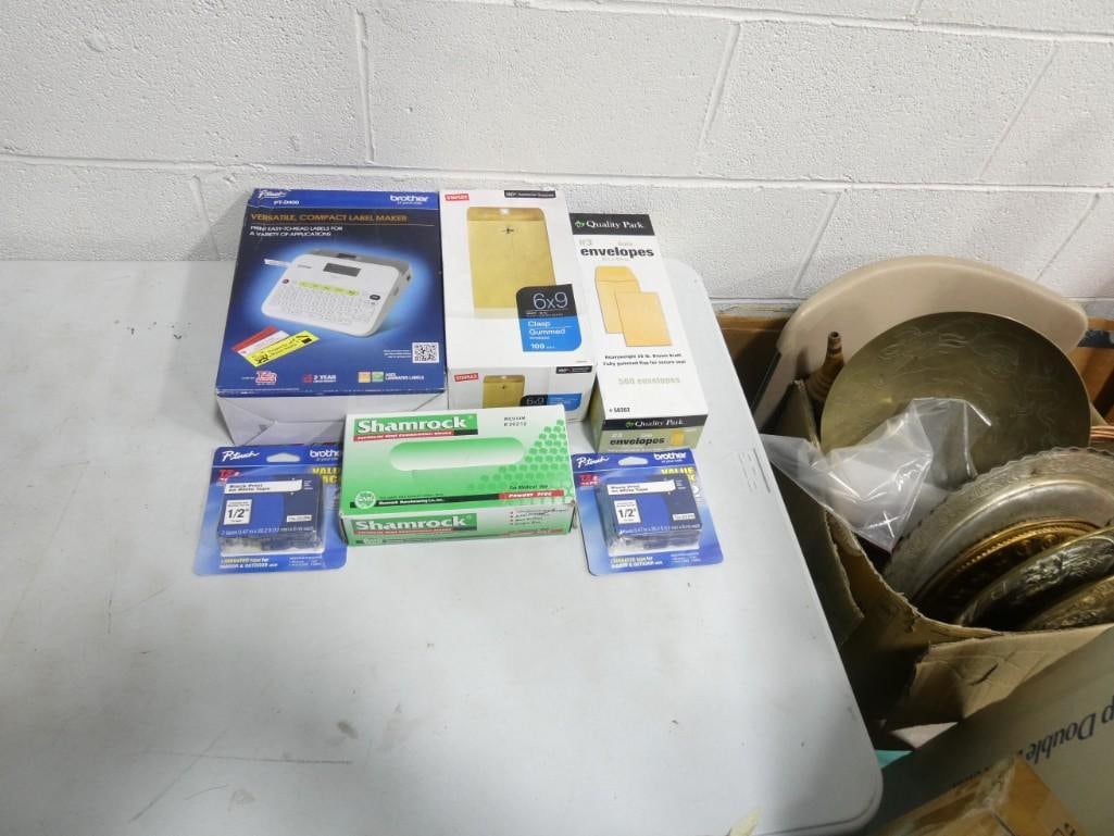 Office Supply Lot including Envelopes, Brother P-Touch Label Maker and tape, Vinyl Gloves, etc. (1 of 6)