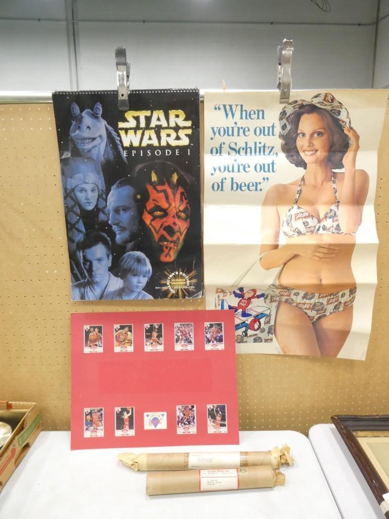 Ephemera incl Chicago Bulls Cards, Star Wars Episode 1 Calendar, Vintage Schlitz Poster,: Ephemera incl Chicago Bulls Cards, Star Wars Episode 1 Calendar, Vintage Schlitz Poster, etc