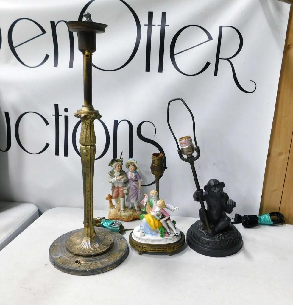 2 Lamps incl Resin Monkey, Ceramic Figurine Lamp, plus a Porcelain Figurine and a Brass Post (1 of 7)