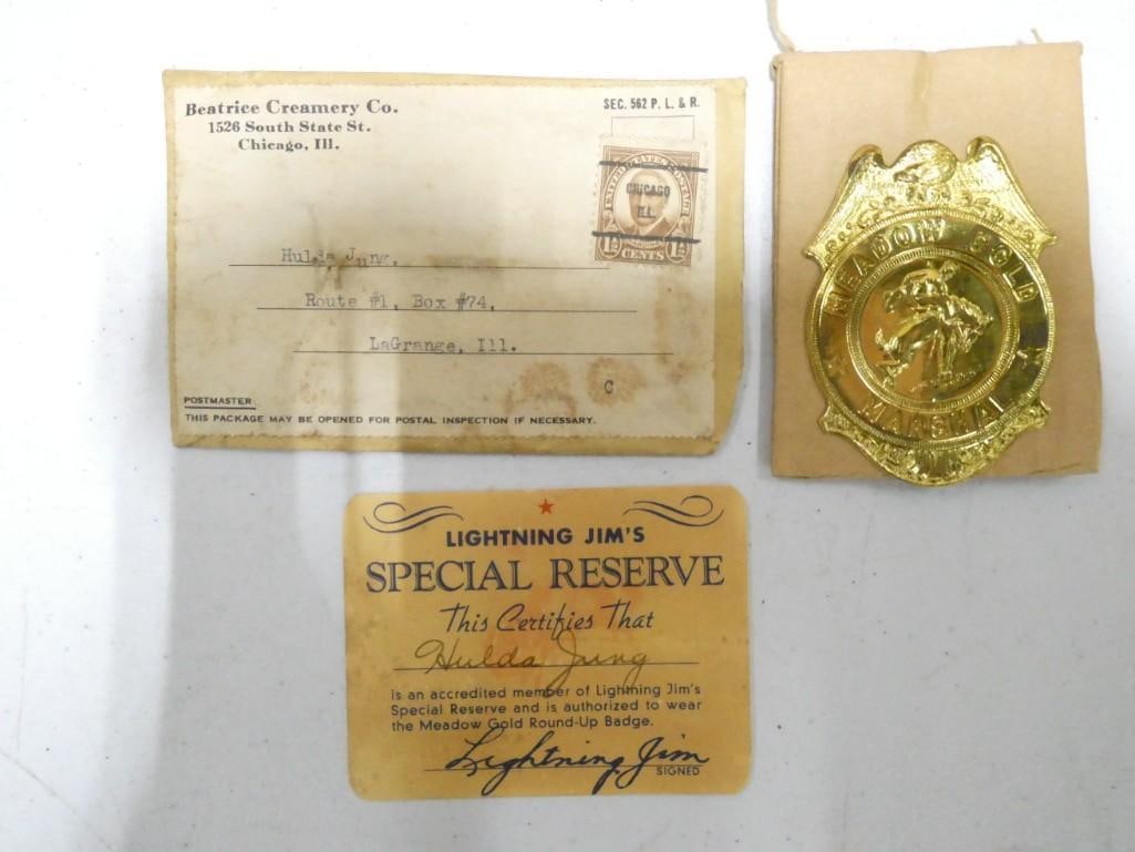 Vintage Meadow Gold Lightning Jim's Marshall Badge & Certificate on Card with Original Envelope: Vintage Meadow Gold Lightning Jim's Marshall Badge & Certificate on Card with Original Envelope