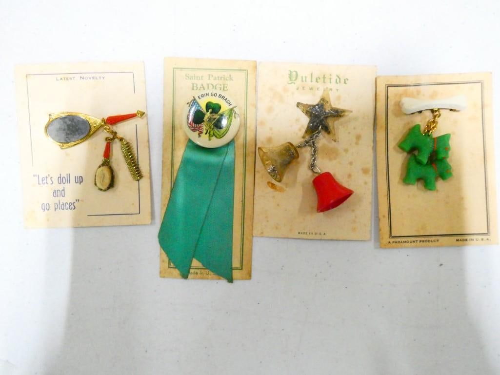 4 Rare 1930s Pins or Brooches all on Original Cards incl St Patrick's Day, Miniature Vanity Set, (1 of 5)