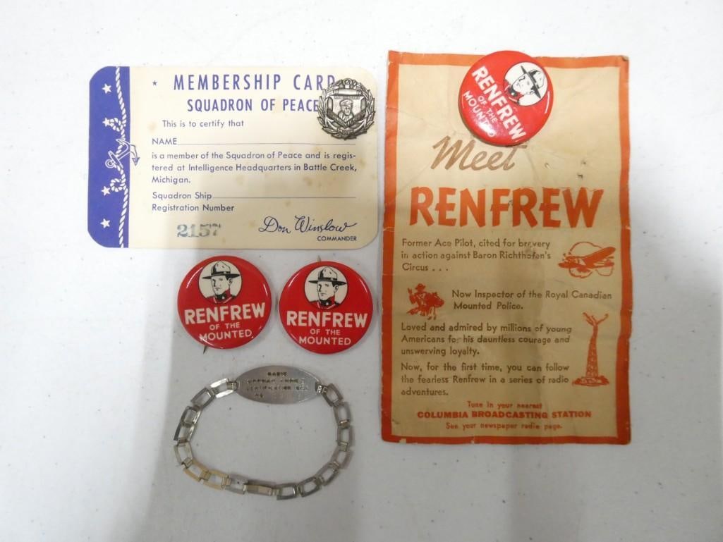 Early Radio Program Premiums & Mail Aways incl Renfrew, Orphan Annie, Squadron of Peace (1 of 6)