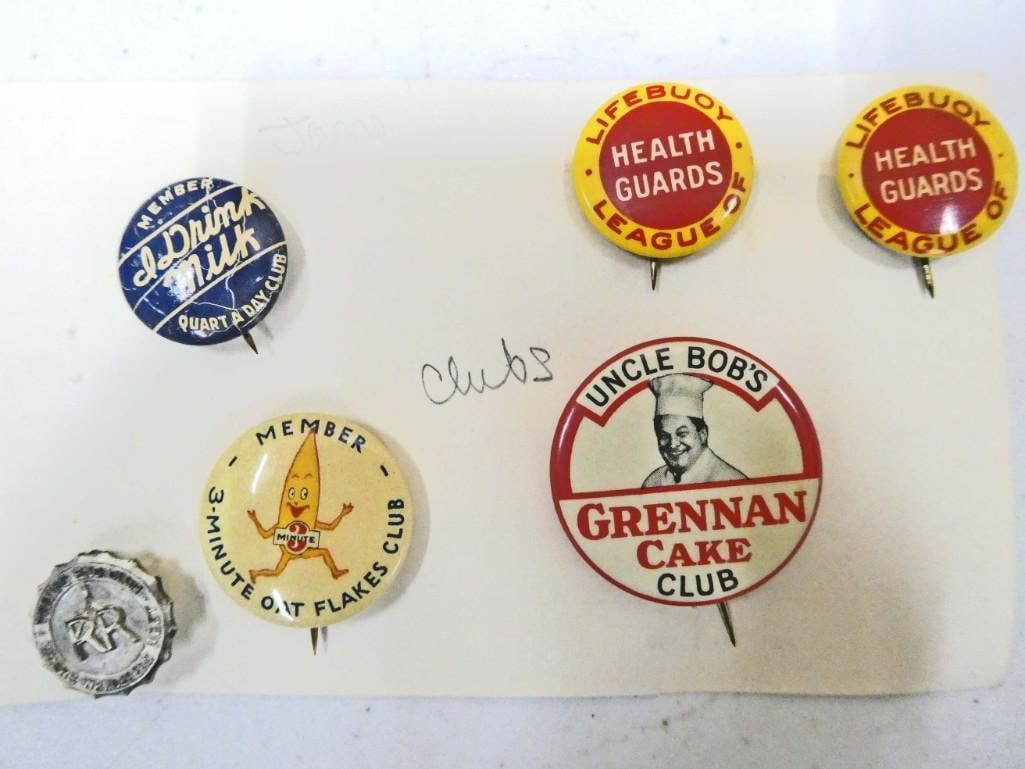 1930s Clubs Pinbacks incl 3 Minute Oat Flakes, Trails End Club (1 of 3)