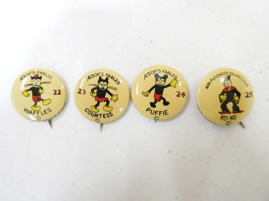 1930s Western Theatre Premium Pinbacks incl Aesop's Fables Waffles, Aesop's Fables Countess, (1 of 4)
