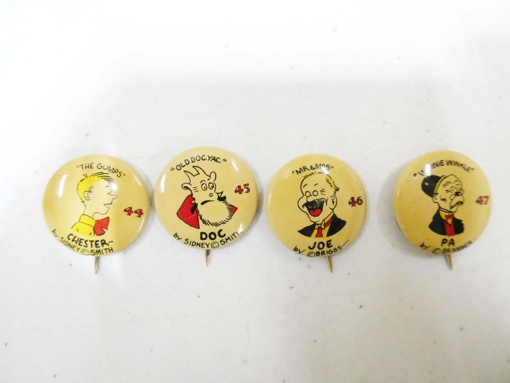 1930s Western Theatre Premium Pinbacks incl The Gumps Chester, Old Doc Yac Doc, (1 of 4)