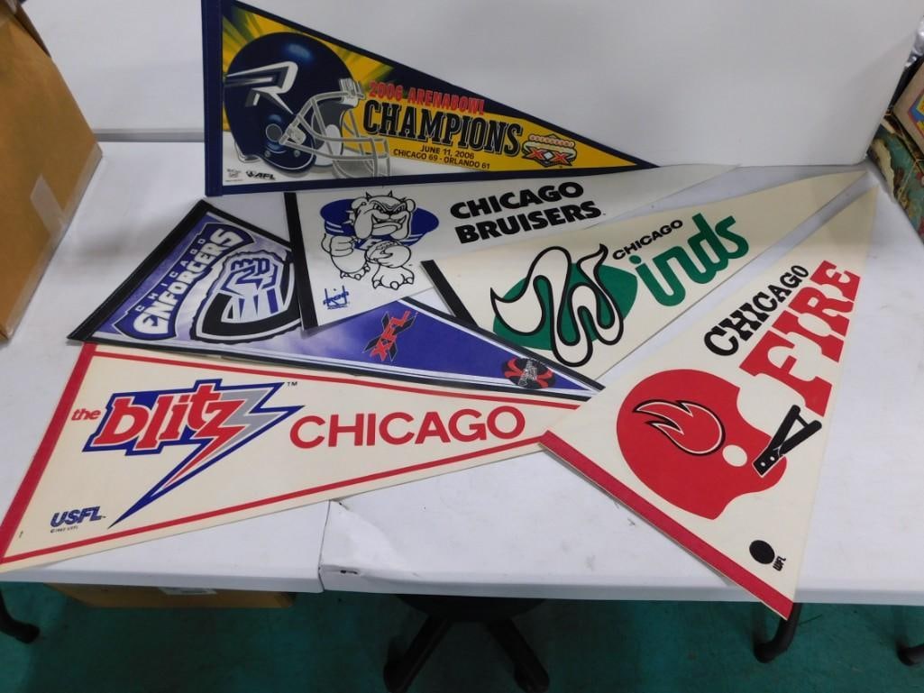 6 Sports Pennants incl Chicago Winds, The Blitz Chicago, Chicago Enforcers, Chicago Fire,: 6 Sports Pennants incl Chicago Winds, The Blitz Chicago, Chicago Enforcers, Chicago Fire, Chicago Bruisers, 2006 Arenabowl Champions . Each is approximately 30" long