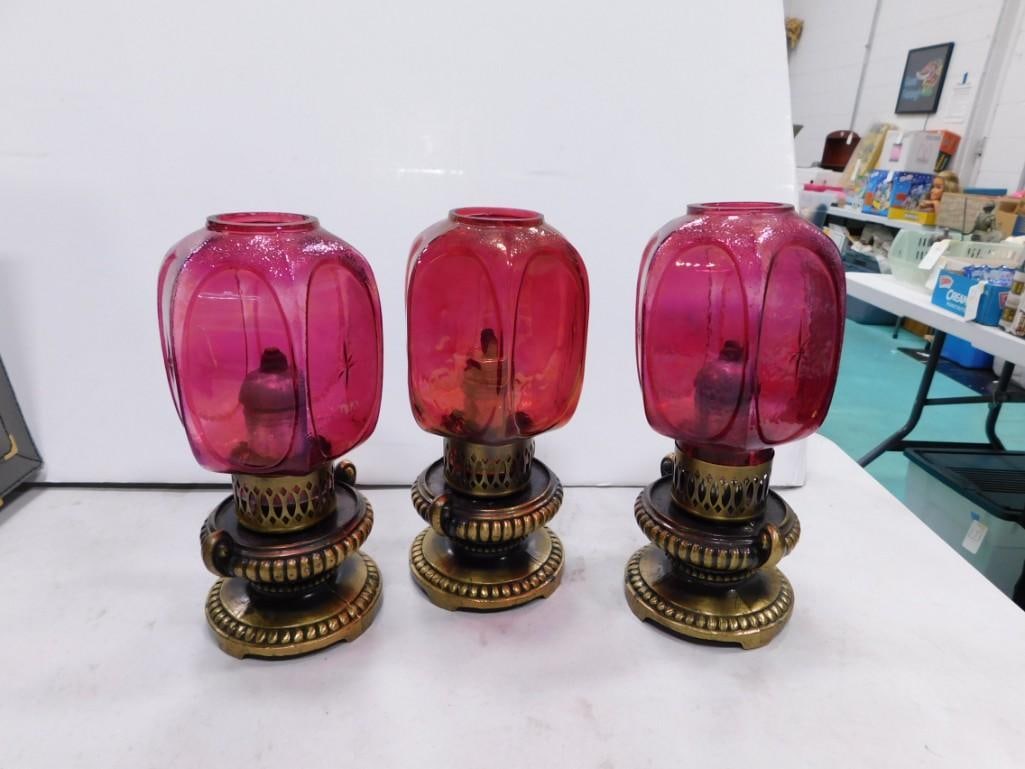 Set of 3 vintage Oil Lamps with Ruby Red Glass Shades (1 of 4)