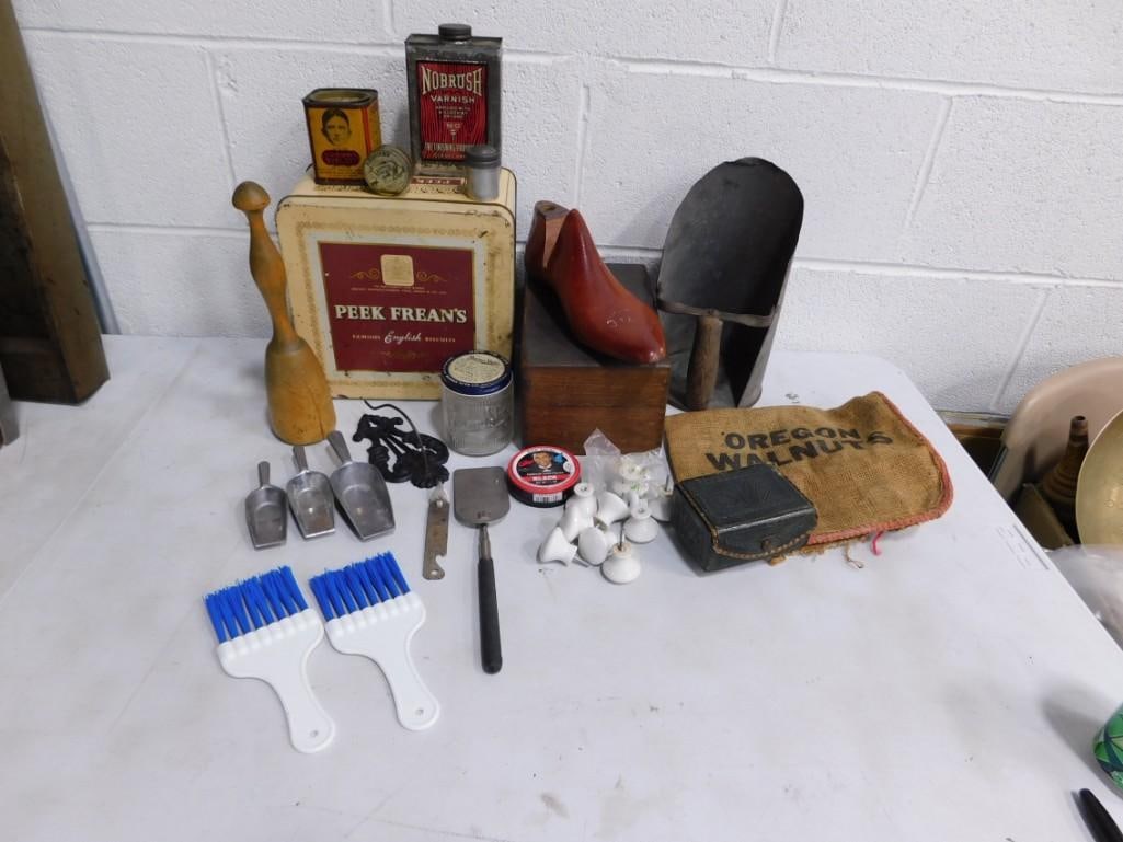 Misc Lot incl Vintage Tins, Masher,, Scoops, Walnut Bag, etc (1 of 4)