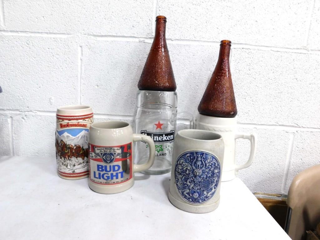 5 Beer Steins incl Heineken, Budweiser, etc plus 2 Bottles (1 of 5)