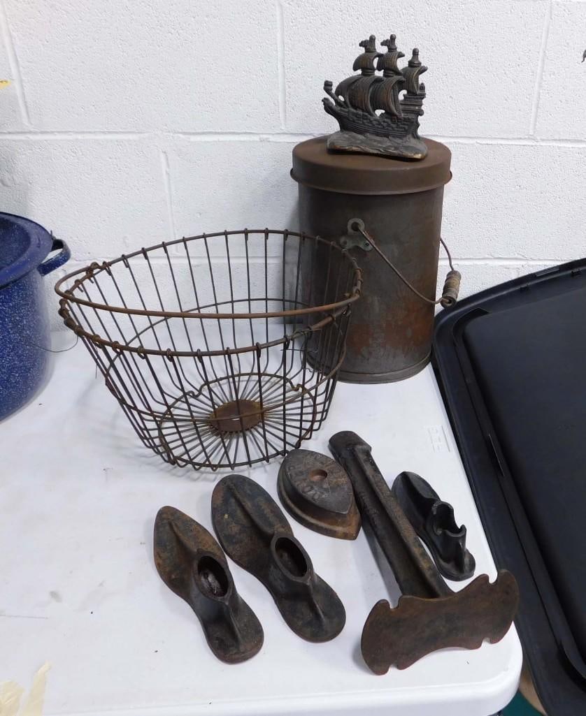 Vintage Lot incl Wire Basket, Metal Shoe Stand, Metal Bucket, Ship Bookend (1 of 4)