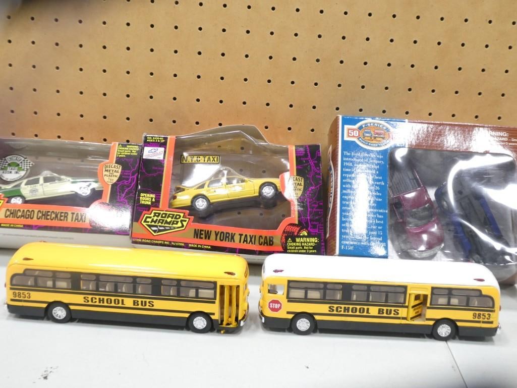 Die Cast Vehicles incl 2 School Buses, 2 Taxi Cabs in Original Boxes, 2 Ford F-Series 50 Yrs Trucks (1 of 5)