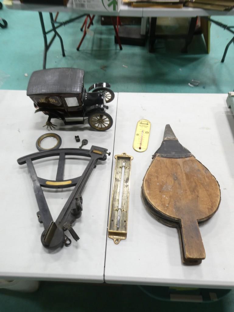 Misc Lot including Advertising Thermometers, Bellows, Jewel 75th Anniversary Decanter, Fishing Nets, (1 of 9)